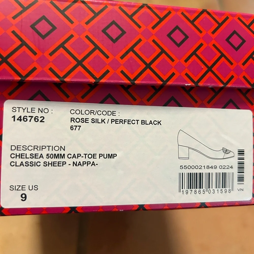 Tory Burch Chelsea Cap-Toe Leather Pumps Rose Silk and Black size 9 NWT